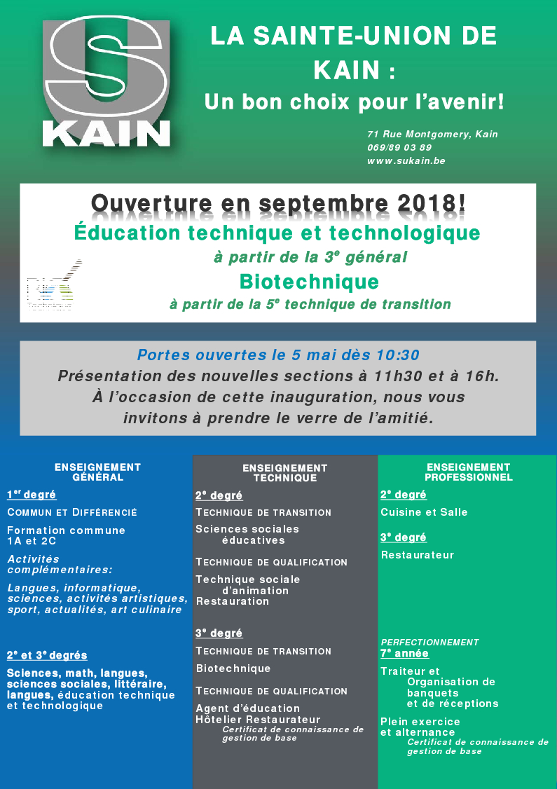 Deux nouvelles sections dans l’enseignement général en septembre 2018!